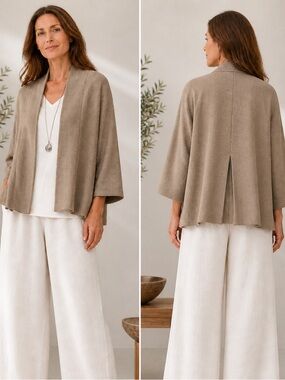 Eileen Fisher Linen Cotton Open Front Jacket | Taupe | Petite M